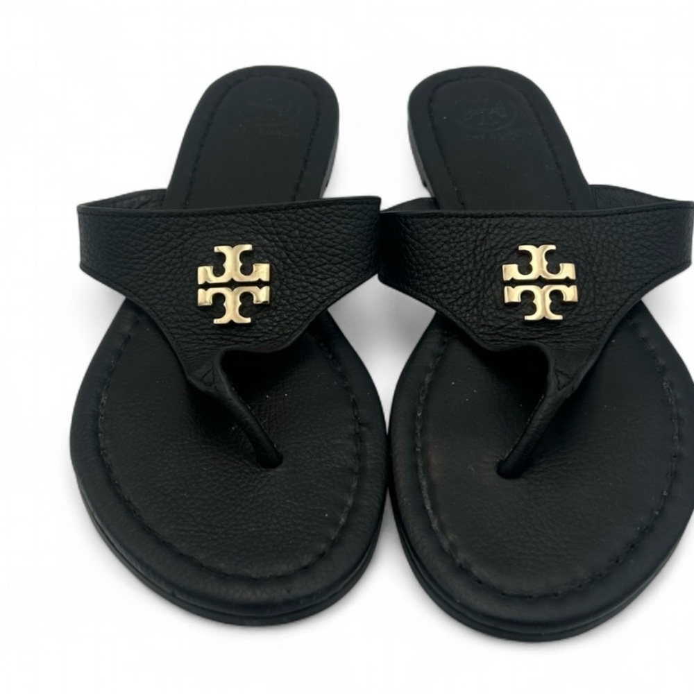 TORY BURCH Jolie Flat Thong Sandals Black/Gold 8.5M Tumbled Leather Excellent - Picture 3 of 8